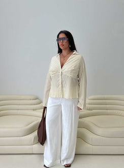 back view of model wearing Princess Polly Life Begins Long Sleeve Lace Trim Top Cream Stripe Curve Full Sleeves Plunger 