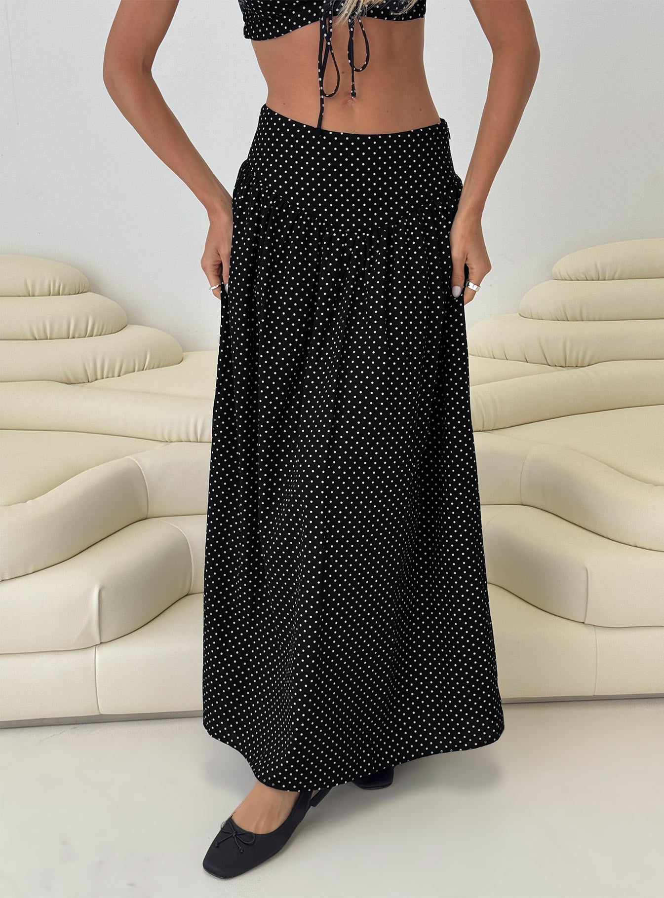 Alletta Drop Waist Maxi Skirt Black Polka