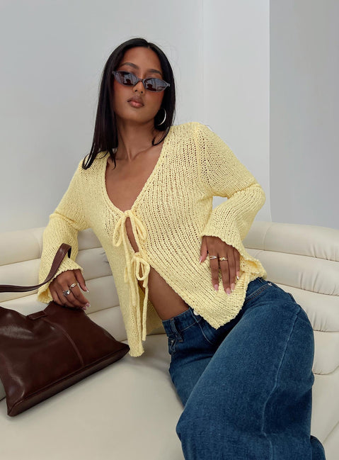 front view of model wearing Princess Polly Swain Knit Cardigan Lemon 