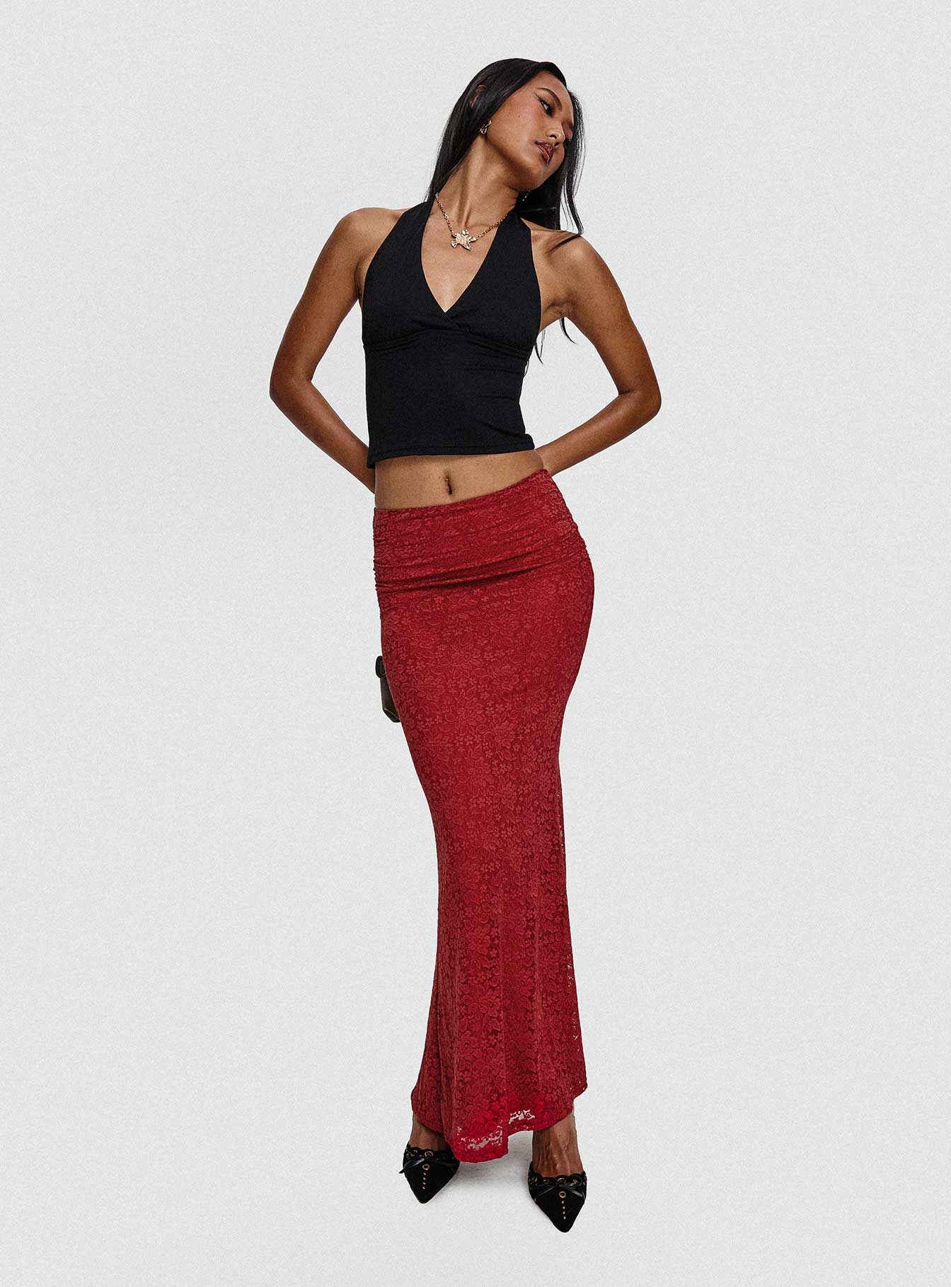   side view of model wearing Princess Polly Silene Maxi Skirt Red 