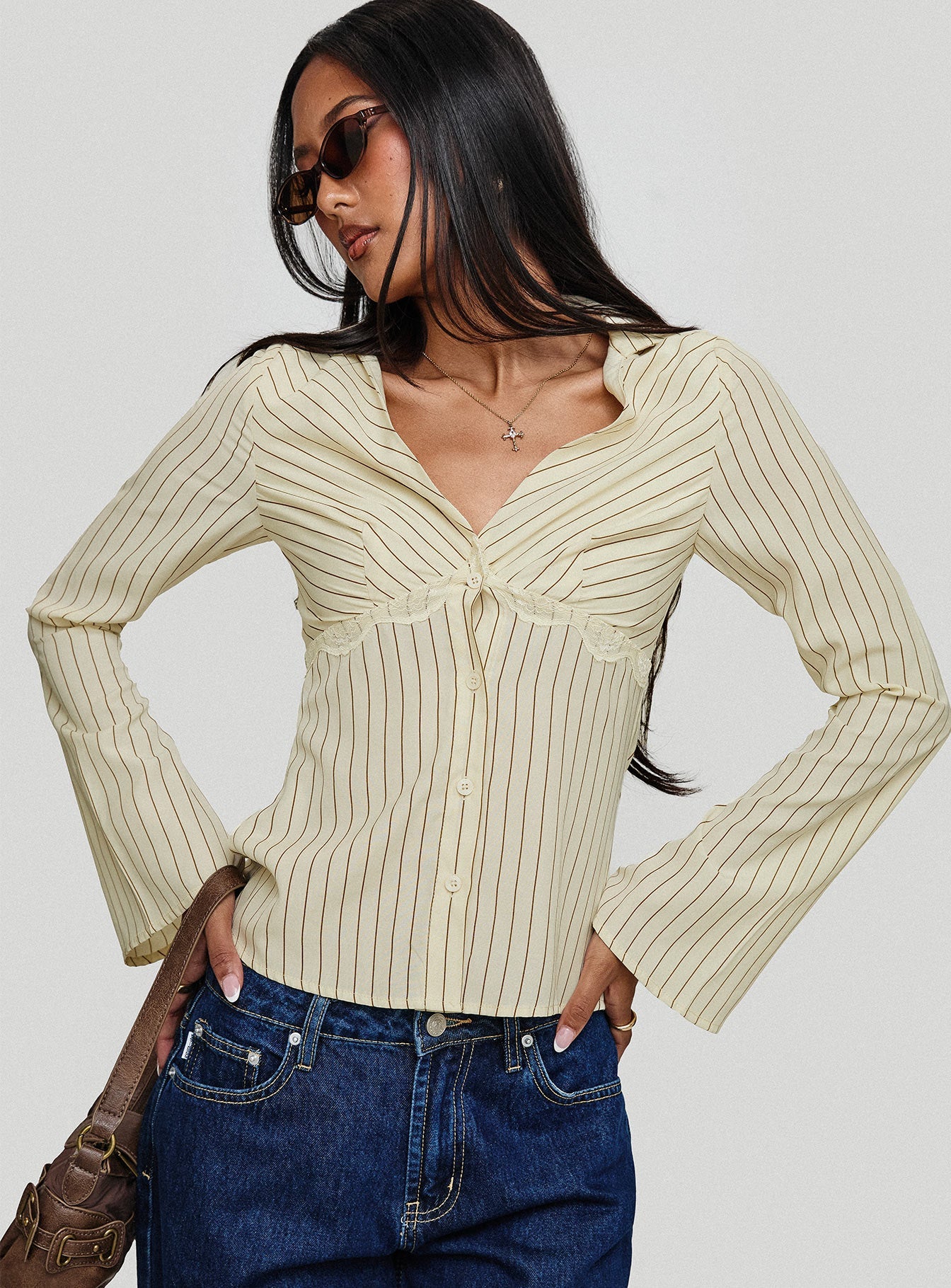 front view of model wearing Princess Polly Life Begins Long Sleeve Lace Trim Top Cream Stripe Full Sleeves V-Neck 