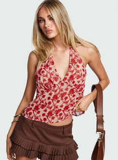 front view of model wearing Princess Polly Two Ghosts Low Back Halter Top Red Floral Sleeveless V-Neck 