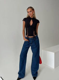 front view of model wearing Princess Polly Valkyrie Top Black Short Sleeves High Neck 