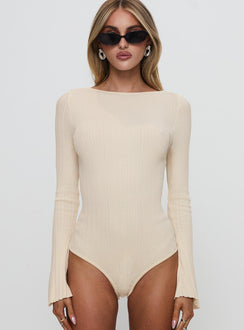 front view of model wearing Princess Polly Mayok Long Sleeve Bodysuit Beige Full Sleeves 