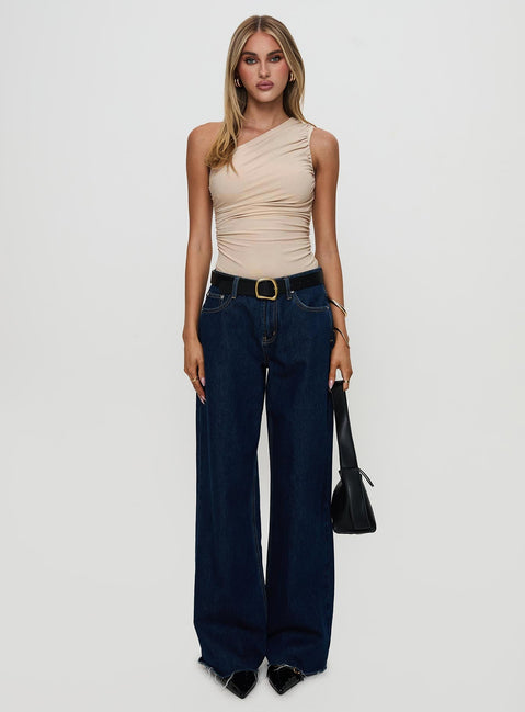 front view of model wearing Princess Polly Heston Asymmetrical Ruched Bodysuit Beige Sleeveless 