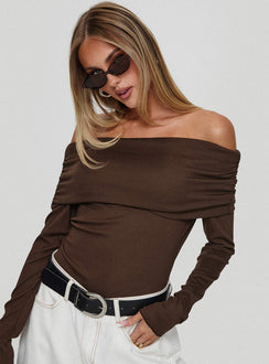 back view of model wearing Princess Polly Spoilt Off The Shoulder Bodysuit Brown Long Sleeve Tops Bodysuit 