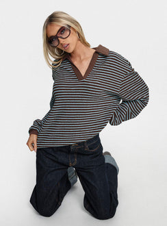 side view of model wearing Princess Polly Rigbys Collared Jumper Brown / Blue Stripe Longline Jumpers 