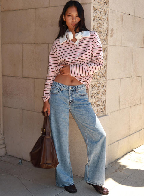back view of model wearing Princess Polly High Regard Collared Jersey Pink Stripe Cropped 