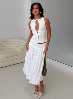 back view of model wearing Princess Polly Alissea Keyhole Linen Blend Top White Sleeveless Crew Neck 