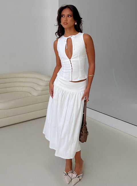 back view of model wearing Princess Polly Alissea Keyhole Linen Blend Top White Sleeveless Crew Neck 