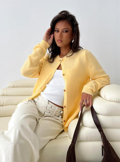 back view of model wearing Princess Polly Arica Button Up Knit Cardigan Lemon Long 