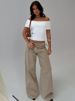 side view of model wearing Princess Polly Murmur Off Shoulder Top White Short Sleeves straight 