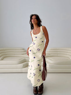 side view of model wearing Princess Polly Jessabelle Linen Blend Midi Dress Cream Floral Scoop Neck 