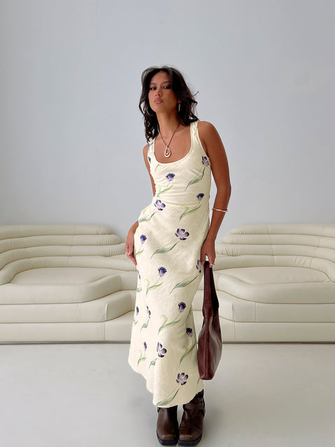 side view of model wearing Princess Polly Jessabelle Linen Blend Midi Dress Cream Floral Scoop Neck 