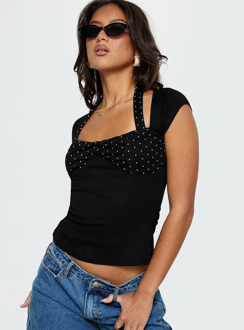 back view of model wearing Princess Polly Emberglow Top Black / Polka Short Sleeves Square Neck 