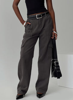 back view of model wearing Princess Polly Pawley Cargo Pants Slate High Waisted Pants 