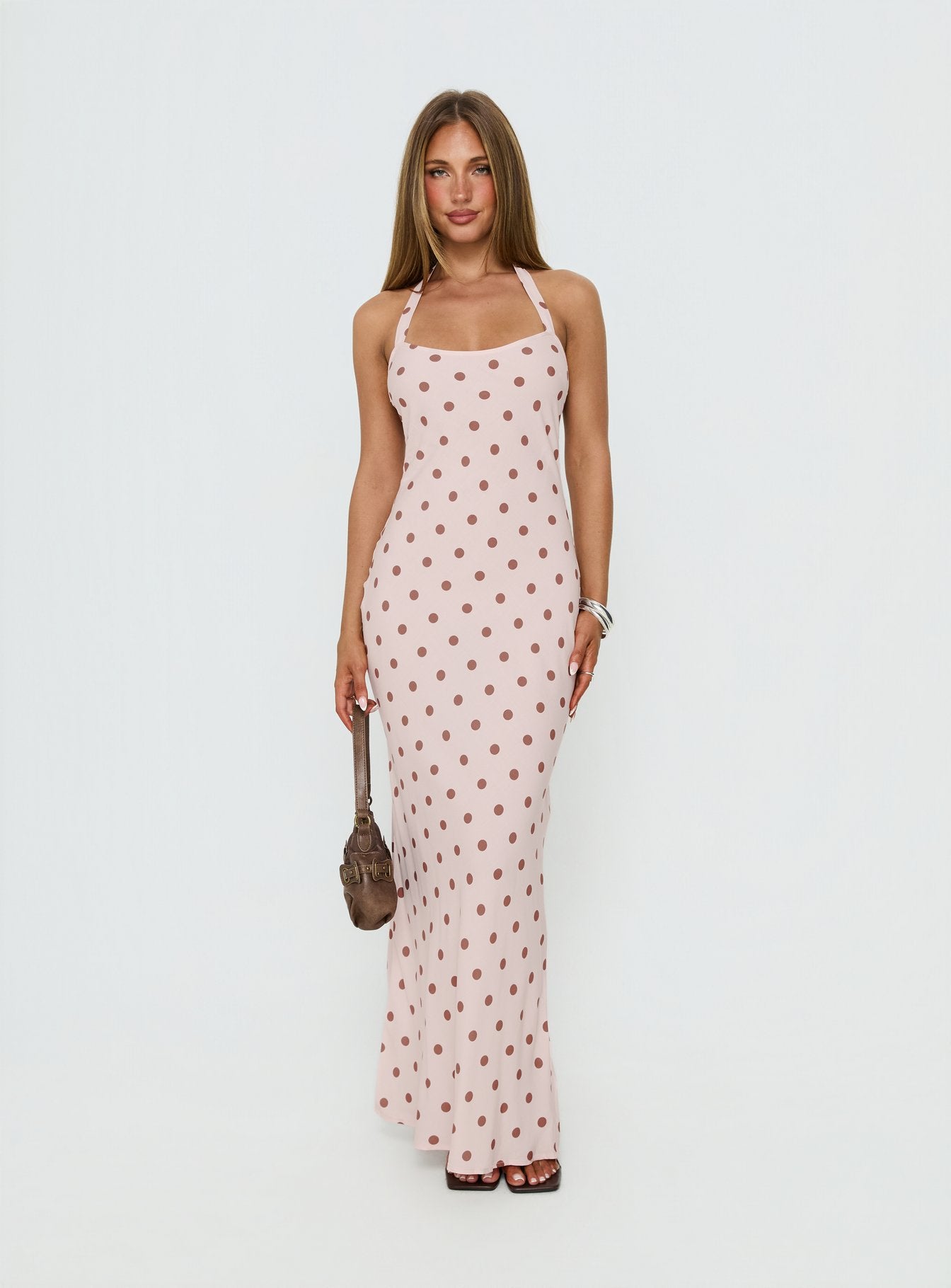 Picante Bias Cross Back Maxi Dress Pink Polka
