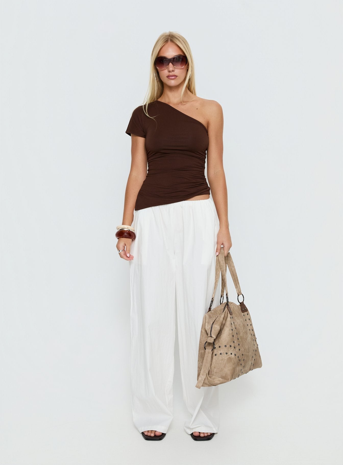 Showcasing Lunea Concealed Waistband Pants White Tall in womens-regular-pants with high-rise front view of model wearing