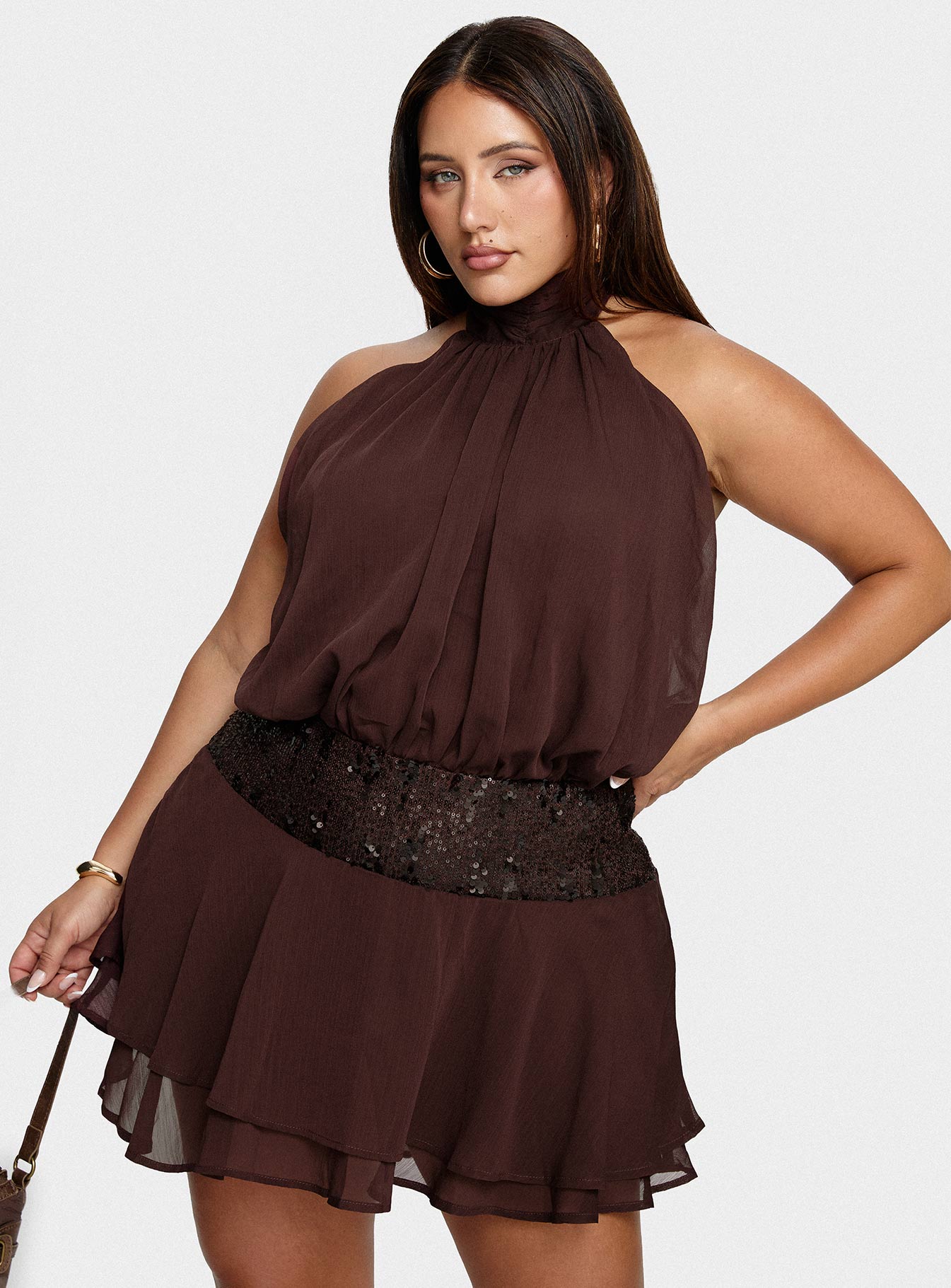 Zenayda Drop Waist Sequin Mini Dress Brown Curve