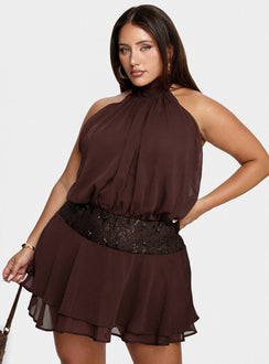 Zenayda Drop Waist Sequin Mini Dress Brown Curve