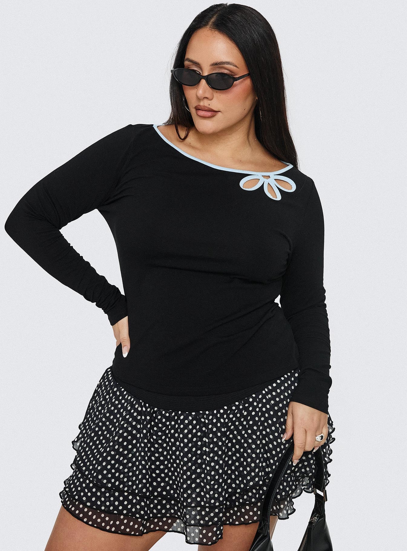 Double Back Floral Cut Out Long Sleeve Top Black Curve