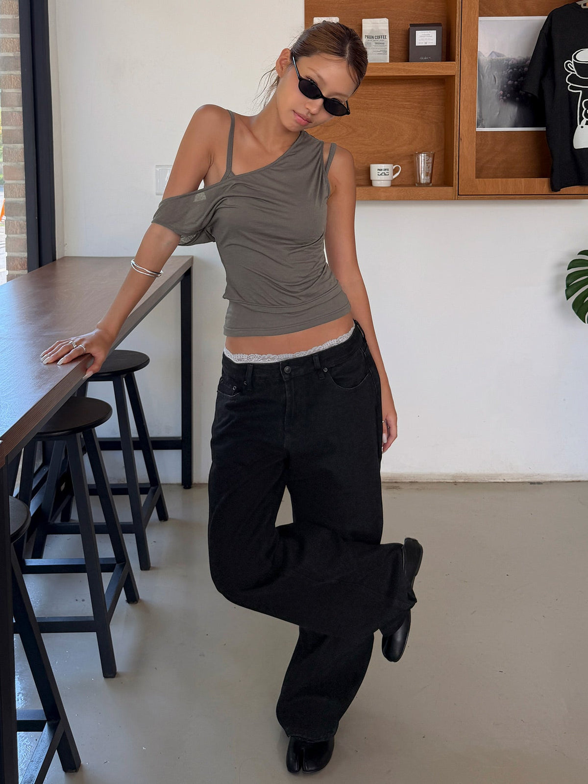 Klaretta Off Shoulder Draped Layered Top Grey