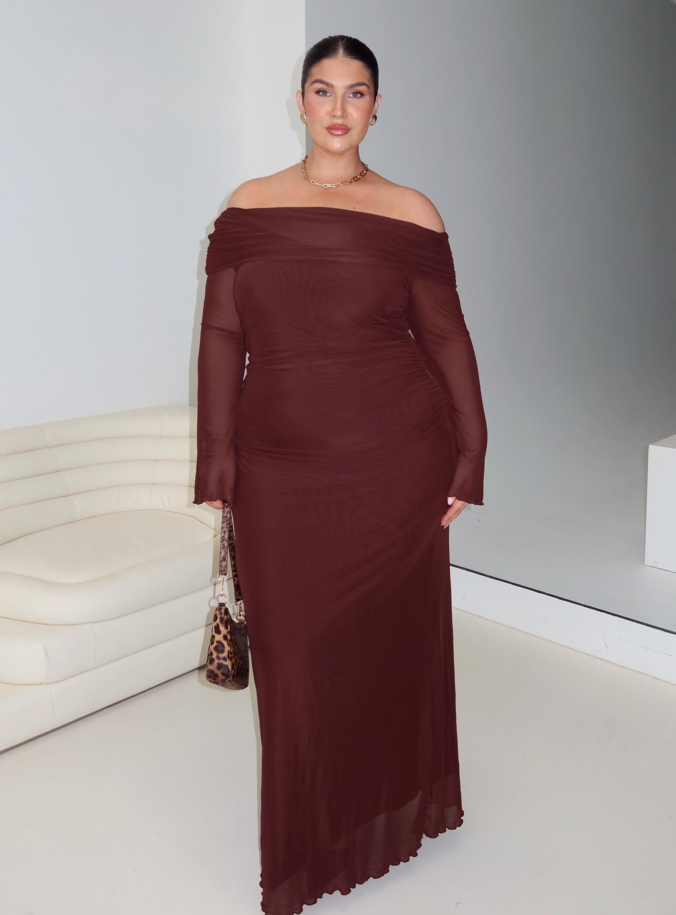 side view of model wearing Princess Polly Consideration Maxi Dress Chocolate Curve Straight Neck 