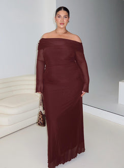 side view of model wearing Princess Polly Consideration Maxi Dress Chocolate Curve Straight Neck 