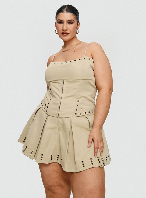   front view of model wearing Princess Polly Alinzia Eyelet Skort Beige Curve Mini Skirts 
