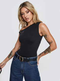 side view of model wearing Princess Polly Miyako Bodysuit Black Sleeveless 