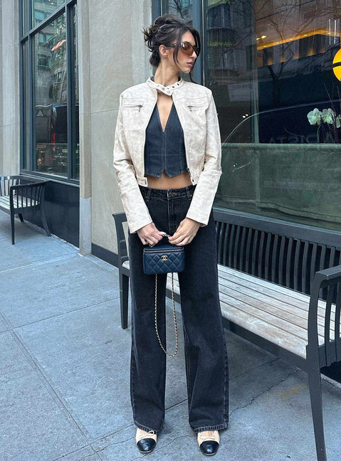 side view of model wearing Princess Polly Top Model Jeans Charcoal High Waisted 