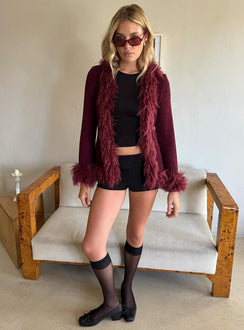Brynlie Faux Fur Trim Boxy Cardigan Burgundy