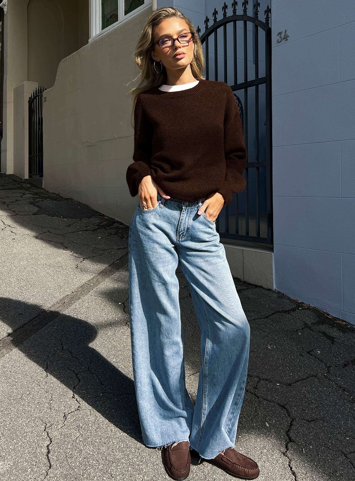 Featuring the Darla Low Rise Straight Leg Jean in Vintage Light Blue as womens jeans with low-rise front view of model wearing Princess Polly