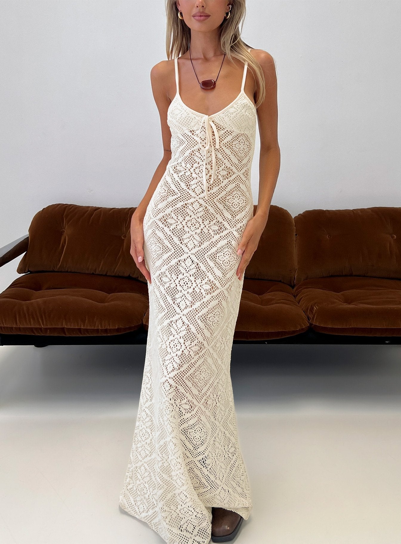 Eminent Crochet Low Back Maxi Dress Cream