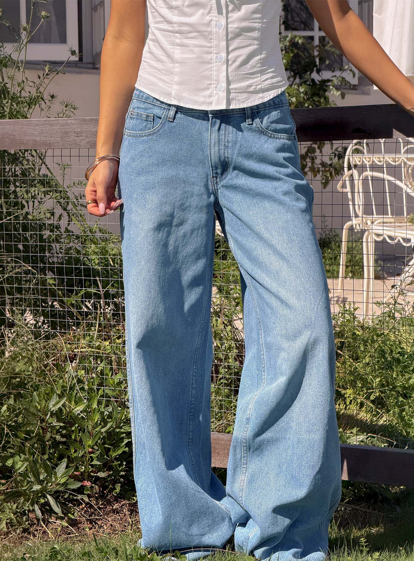 Ramos Low Rise Wide Leg Denim Jeans Bright Blue Wash