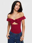 Off-the-shoulder bodysuit Twist & pinched bust with frill detail, high cut neg, cheeky style bottom, press clip fastening at base Good stretch, lined bust