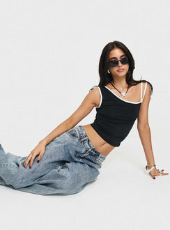 back view of model wearing Princess Polly Detalier One Shoulder Top Black Sleeveless Asymmetric Neckline 