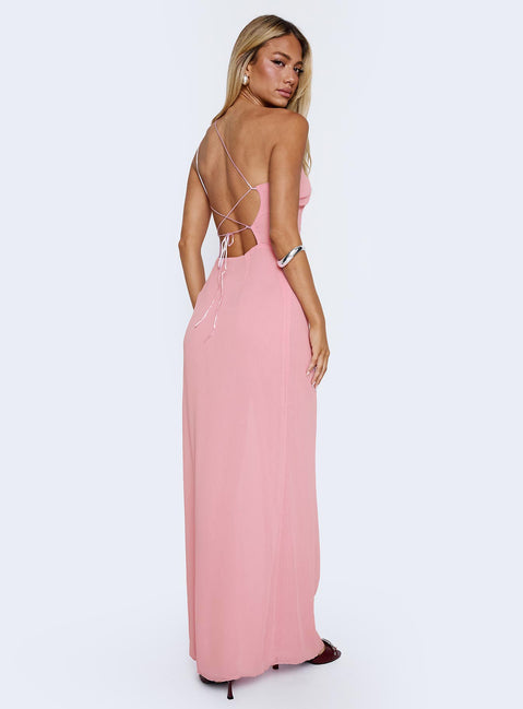back view of model wearing Princess Polly Kiss Of Life Chiffon Maxi Dress Pink Asymmetric Neckline 