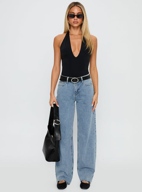 front view of model wearing Princess Polly Kendrae Plunge Halter Bodysuit Black Sleeveless 