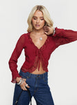 Long sleeve top Plunging neckline, lace trim, tie fastening at bust, elasticated wrists, sheer sleeves Non-stretch, lined bust