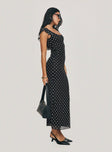 Maxi dress Polka dot print, straight neckline, cap sleeves, invisible zip fastening Good stretch, unlined 