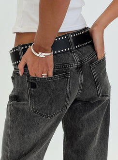 side view of model wearing Princess Polly Better Half Low Rise Jeans Charcoal Low Rise Jeans 