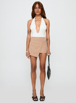 front view of model wearing Princess Polly Emmalyne Plunge Neck Bodysuit White Sleeveless 