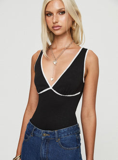 side view of model wearing Princess Polly Hugeaux Bodysuit Black Sleeveless 