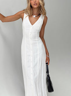 front view of model wearing Princess Polly Summer Season Linen Blend Maxi Dress White V-Neck 