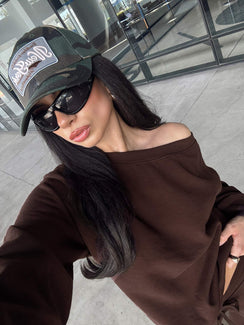 side view of model wearing Princess Polly Wellness Off The Shoulder Jumper Brown Cropped Jumpers 