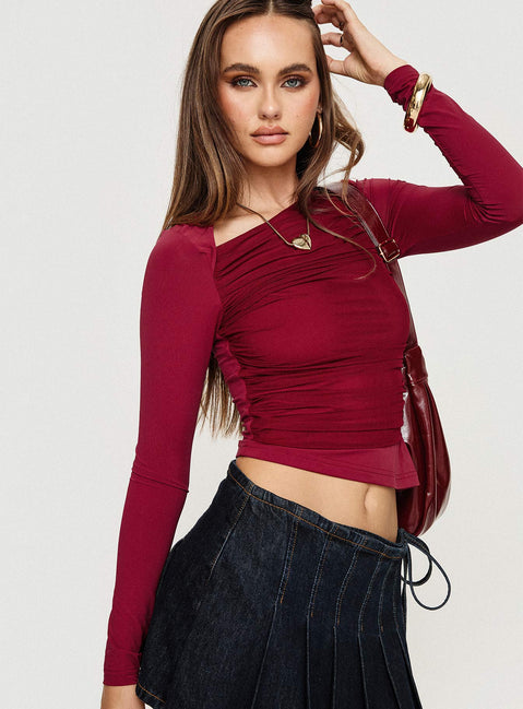 Long sleeve top Mesh ruched detail, asymmetric neckline & hem Good stretch, partially lined 