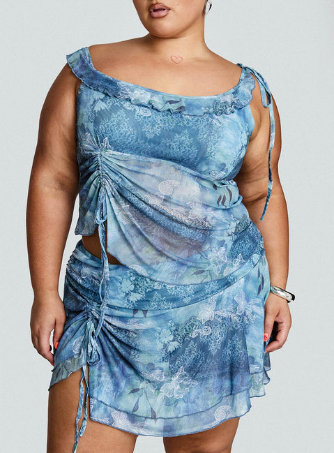 Rosee Off Shoulder Frill Top Blue Mutli Curve