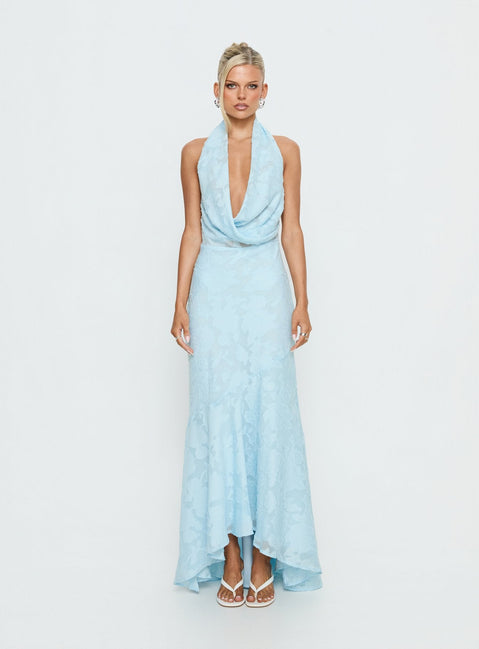 Invisible String Cowl Plunge Backless Maxi Dress Light Blue