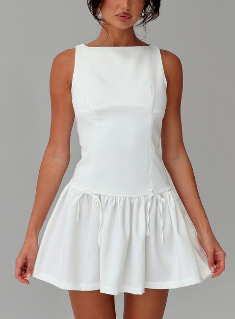 front view of model wearing Princess Polly Milienne Mini Dress White Crew Neck 